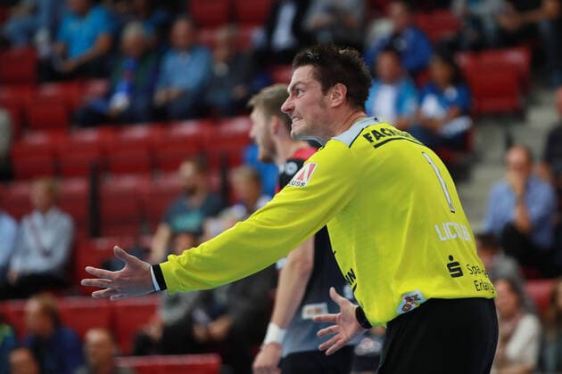 Aerger bei Torwart Christian Lichtlein (HC Erlangen) TVB 1898 Stuttgart - HC Erlangen, DHB Pokal, 1 8 Finale am 25. 09. 2019 Stuttgart Copyright: xEIBNER Benjamin_Laux EP_BLU