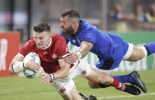 Rugby World Cup in Japan: Italy v Canada Andrew Coe of Canada scores a try during the second half of a Rugby World Cup Pool B match against Italy on Sept. 26, 2019, in Fukuoka, southwestern Japan. 