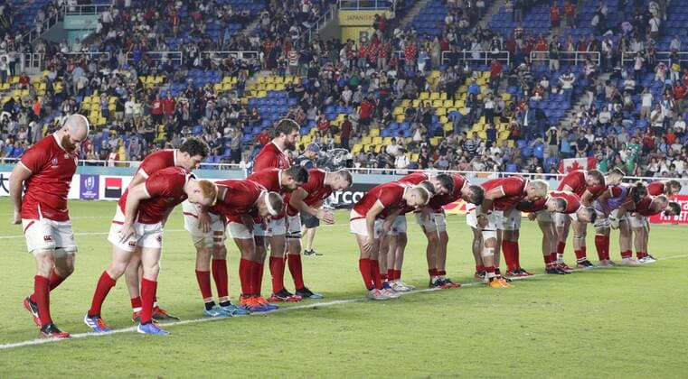 Rugby World Cup in Japan: Italy v Canada Canada players bow to spectators after their 48-7 loss to Italy in a Rugby World Cup Pool B match on Sept. 26, 2019, in Fukuoka, southwestern Japan. 