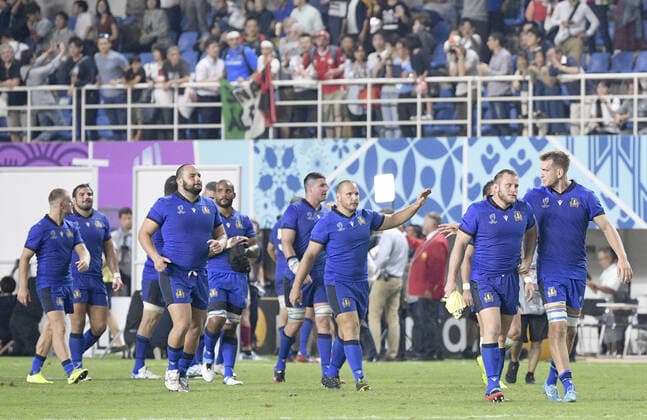Rugby World Cup in Japan: Italy v Canada Italy players are pictured after their 48-7 victory against Canada in a Rugby World Cup Pool B match on Sept. 26, 2019, in Fukuoka, southwestern Japan. 
