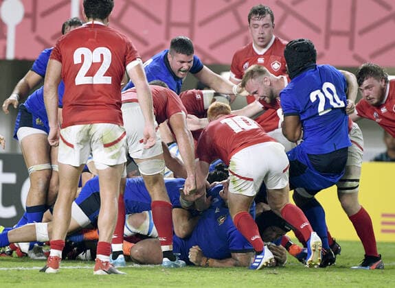 Rugby World Cup in Japan: Italy v Canada Italy players push in a maul during the second half of a Rugby World Cup Pool B match against Canada on Sept. 26, 2019, in Fukuoka, southwestern Japan. 