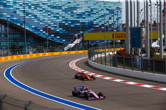 Motorsports: FIA Formula One World Championship, WM, Weltmeisterschaft 2019, Grand Prix of Russia, 18 Lance Stroll (CAN, Racing Point F1 Team), 5 Sebastian Vettel (GER, Scuderia Ferrari Mission Winnow), Sochi Russia