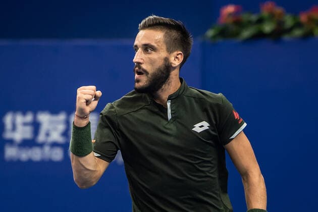 Adrian Mannarino defeats Damir Dzumhur at second round of 2019 Zhuhai Championships, Bosnian professional tennis player Damir Dzumhur competes against French professional tennis player Adrian Mannarino at the second round of 2019 Zhuhai Championships, in Zhuhai city, south China s Guangdong province, 27 September 2019.....French professional tennis player Adrian Mannarino defeated Bosnian professional tennis player Damir Dzumhur with 2-0 at the second round of 2019 Zhuhai Championships, in Zhuhai city, south China s Guangdong province, 27 September 2019.