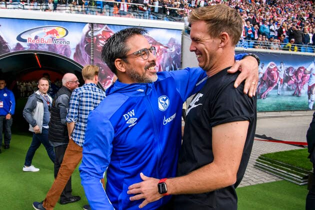 28.09.2019, xkvx, Fussball 1.Bundesliga, RB Leipzig - FC Schalke 04 emspor, v.l. Trainer David Wagner (S04 Schalke 04), Trainer Julian Nagelsmann (RB Leipzig) (DFL DFB REGULATIONS PROHIBIT ANY USE OF PHOTOGRAPHS as IMAGE SEQUENCES and or QUASI-VIDEO) Leipzig