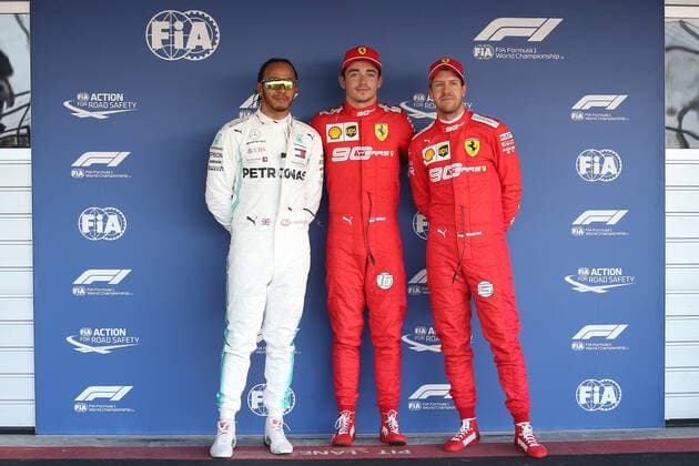 Photo4 LaPresse 28 09 2019 Sochi, Russia Grand Prix Formula One Russia 2019 In the pic: Qualifying celebration, Pole Position Charles Leclerc (MON) Scuderia Ferrari SF90, 2nd place Lewis Hamilton (GBR) Mercedes AMG F1 W10 EQ Power and 3rd place Sebastian Vettel (GER) Scuderia Ferrari SF90  Copyright: xPhoto4 LaPressex