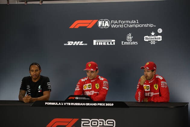 Photo4 LaPresse 28 09 2019 Sochi, Russia Grand Prix Formula One Russia 2019 In the pic: Official Fia press conference, PK, Pressekonferenz L to R Lewis Hamilton (GBR) Mercedes AMG F1 W10 EQ Power, Charles Leclerc (MON) Scuderia Ferrari SF90 and Sebastian Vettel (GER) Scuderia Ferrari SF90  Copyright: xPhoto4 LaPressex