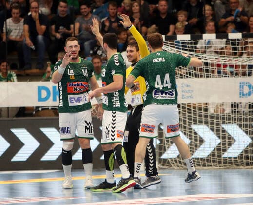 Frisch Auf Göppingen - TVB 1898 Stuttgart Deutschland, Göppingen, 29.09.2019, Handball, Liqui Moly HBL Bundesliga, Saison 2019 2020, Frisch Auf Göppingen - TVB 1898 Stuttgart: v.l. Jacob Bagersted, Ivan Sliskovic, Daniel Rebmann, Kresimir Kozina (alle Frisch Auf Göppingen).