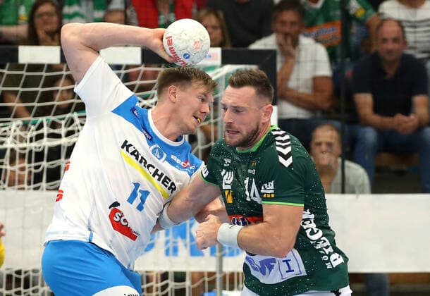 Sport Bilder des Tages 29.09.2019, Deutschland, Göppingen, Handball 1. Bundesliga Saison 2019 2020 FRISCH AUF! Göppingen vs. TVB 1898 Stuttgart: v.l. Adam Lönn (TVB), Jacob Bagersted (FAG)
