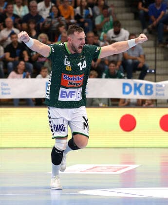 29.09.2019, Deutschland, Göppingen, Handball 1. Bundesliga Saison 2019 2020 FRISCH AUF! Göppingen vs. TVB 1898 Stuttgart: Jacob Bagersted (FAG) jubelt, Jubel