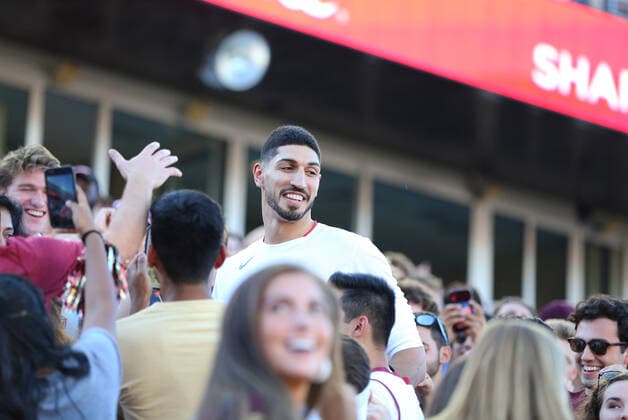 NCAA, College League, USA Football 2019: Wake Forest vs Boston College SEP 28, September 28, 2019; Chestnut Hill, MA, USA; Boston Celtics center Enes Kanter mingles in the student section during the NCAA football game between Wake Forest Demon Deacons and Boston College Eagles at Alumni Stadium. Anthony Nesmith (Photo by Anthony Nesmith CSM Sipa USA) NO ARCHIVING, EDITORIAL USE ONLY, NO USE IN BOOKS WITHOUT CONSENT Chestnut Hill Massachusetts United States  Copyright: xCalxSportxMediax 20190929001423100157