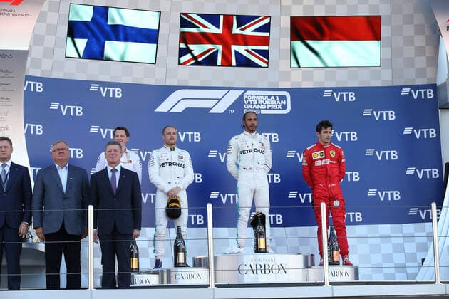 Photo4 LaPresse 29 09 2019 Sochi, Russia Grand Prix Formula One Russia 2019 In the pic: Podium, winner Lewis Hamilton (GBR) Mercedes AMG F1 W10 EQ Power, 2nd place Valtteri Bottas (FIN) Mercedes AMG F1 W10 EQ Power, 3rd place Charles Leclerc (MON) Scuderia Ferrari SF90  Copyright: xPhoto4 LaPressex