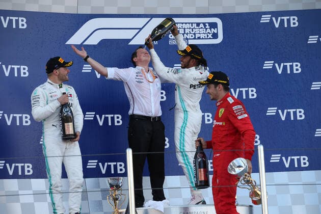 Photo4 LaPresse 29 09 2019 Sochi, Russia Grand Prix Formula One Russia 2019 In the pic: Podium, winner Lewis Hamilton (GBR) Mercedes AMG F1 W10 EQ Power, 2nd place Valtteri Bottas (FIN) Mercedes AMG F1 W10 EQ Power, 3rd place Charles Leclerc (MON) Scuderia Ferrari SF90  Copyright: xPhoto4 LaPressex