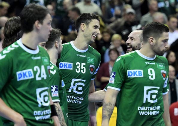29.09.2019, xlakx, Handball Bundesliga, Fuechse Berlin - Eulen Ludwigshafen emspor, v.l.freude,Jubel nach dem Sieg bei Marko Kopljar(Fuechse Berlin 35),Michael Mueller(Fuechse Berlin 25),Stipe Mandalinic(Fuechse Berlin 9) Berlin