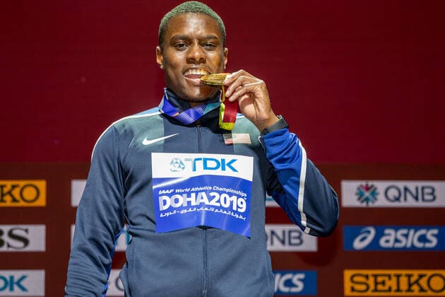 IAAF World Athletics Championships Doha 2019; Qatar, 29.09.2019 DOHA, QATAR - SEPTEMBER 29: Christian Coleman (USA) at the podest for Gold on day 3 of the IAAF World Athletics Championships Doha 2019 at the Khalifa International Stadium of Doha on 29.9.2019 in Arabian Peninsula Qatar. Copyright: xBEAUTIFULxSPORTS OliverxKremerx