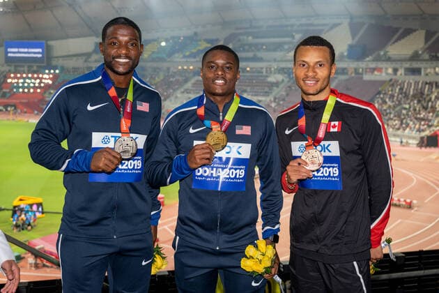 IAAF World Athletics Championships Doha 2019; Qatar, 29.09.2019 DOHA, QATAR - SEPTEMBER 29: Christian Coleman (USA), Justin Gatlin (USA) and Andre de Gasse (CAN) at the Podest on day 3 of the IAAF World Athletics Championships Doha 2019 at the Khalifa International Stadium of Doha on 29.9.2019 in Arabian Peninsula Qatar. Copyright: xBEAUTIFULxSPORTS OliverxKremerx