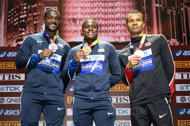 Bilder des Jahres 2019, Sport 09 September Sport Themen der Woche KW39 IAAF World Athletics Championships Doha 2019; Qatar, 29.09.2019 DOHA, QATAR - SEPTEMBER 29: Christian Coleman (USA), Justin Gatlin (USA) and Andre de Gasse (CAN) at the Podest on day 3 of the IAAF World Athletics Championships Doha 2019 at the Khalifa International Stadium of Doha on 29.9.2019 in Arabian Peninsula Qatar. *** IAAF World Athletics Championships Doha 2019 Qatar, 29 09 2019 DOHA, QATAR SEPTEMBER 29 Christian Coleman USA , Justin Gatlin USA and Andre de Gasse CAN at the Podest on day 3 of the IAAF World Athletics Championships Doha 2019 at the Khalifa International Stadium of Doha on 29 9 2019 in Arabian Peninsula Qatar Copyright: xBEAUTIFULxSPORTS OliverxKremerx