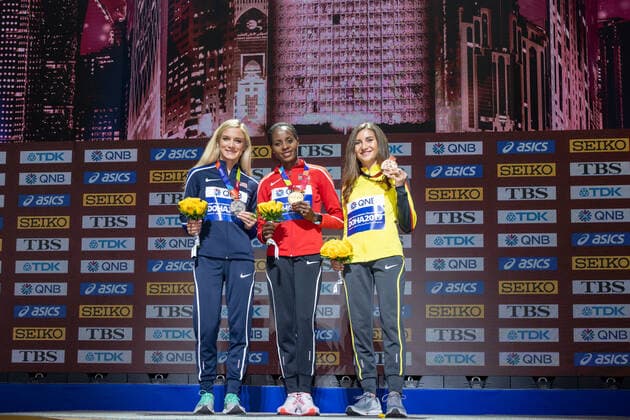 IAAF World Athletics Championships Doha 2019; Qatar, 01.10.2019 DOHA, QATAR - OCTOBER 01: Gesa Felicitas Krause (GER Silvesterlauf Trier e.V.), Emma Coburn (USA) and Beatrice Chepkoech (KEN) on the podest presenting their medals on day 5 of the IAAF World Athletics Championships Doha 2019 at the Khalifa International Stadium of Doha on 01.10.2019 in Arabian Peninsula Qatar. Copyright: xBEAUTIFULxSPORTS OliverxKremerx