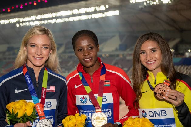 IAAF World Athletics Championships Doha 2019; Qatar, 01.10.2019 DOHA, QATAR - OCTOBER 01: Gesa Felicitas Krause (GER Silvesterlauf Trier e.V.), Emma Coburn (USA) and Beatrice Chepkoech (KEN) on the podest presenting their medals on day 5 of the IAAF World Athletics Championships Doha 2019 at the Khalifa International Stadium of Doha on 01.10.2019 in Arabian Peninsula Qatar. Copyright: xBEAUTIFULxSPORTS OliverxKremerx