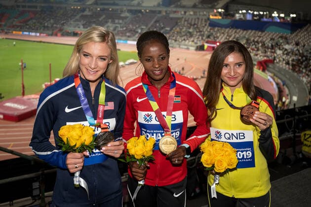 IAAF World Athletics Championships Doha 2019; Qatar, 01.10.2019 DOHA, QATAR - OCTOBER 01: Gesa Felicitas Krause (GER Silvesterlauf Trier e.V.), Emma Coburn (USA) and Beatrice Chepkoech (KEN) on the podest presenting their medals on day 5 of the IAAF World Athletics Championships Doha 2019 at the Khalifa International Stadium of Doha on 01.10.2019 in Arabian Peninsula Qatar. Copyright: xBEAUTIFULxSPORTS OliverxKremerx