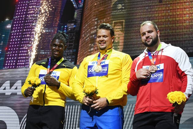 Doha, IAAF, Leichtathletik, athletics, Track and Field, World athletics Championships 2019 Doha, Leichtathletik WM 2019 Doha, 27.09-06.10.2019, Khalifa International Stadium Doha,Siegerehrung Dacreas, Daniel Stahl, Lukas Weisshaidinger Österreich,Diskuswurf Männer ,