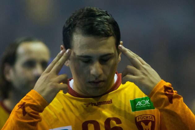 01.10.2019, xfrx, Handball DHB Pokal, Fuechse Berlin - SC Magdeburg emspor, v.l. Dejan Milosavljev (Fuechse Berlin) (DFL DFB REGULATIONS PROHIBIT ANY USE OF PHOTOGRAPHS as IMAGE SEQUENCES and or QUASI-VIDEO) Berlin
