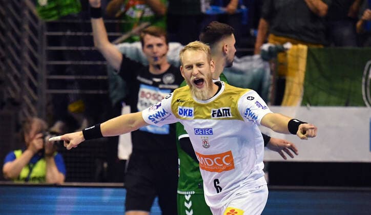 Matthias Musche (Magdeburg), jueblt nach einem Tor Füchse Berlin - SC Magdeburg DHB-Pokal, Achtelfinale 2019 2020, Herren, Männer, Handball, Deutschland, Germany, Max-Schmeling-Halle Berlin, 1.10.2019