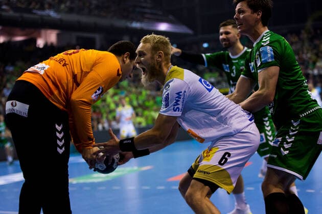 01.10.2019, xfrx, Handball DHB Pokal, Fuechse Berlin - SC Magdeburg emspor, v.l. Dejan Milosavljev (Fuechse Berlin),Matthias Musche (SC Magdeburg) (DFL DFB REGULATIONS PROHIBIT ANY USE OF PHOTOGRAPHS as IMAGE SEQUENCES and or QUASI-VIDEO) Berlin