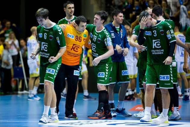 01.10.2019, xfrx, Handball DHB Pokal, Fuechse Berlin - SC Magdeburg emspor, v.l. Paul Drux (Fuechse Berlin),Fabian Wiede (Fuechse Berlin),Hans Lindberg (Fuechse Berlin),Jacob Tandrup Holm (Fuechse Berlin) (DFL DFB REGULATIONS PROHIBIT ANY USE OF PHOTOGRAPHS as IMAGE SEQUENCES and or QUASI-VIDEO) Berlin