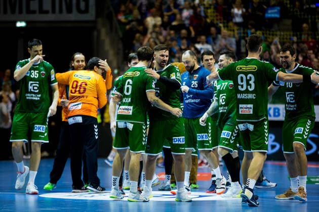01.10.2019, xfrx, Handball DHB Pokal, Fuechse Berlin - SC Magdeburg emspor, v.l. Jacob Tandrup Holm (Fuechse Berlin),Fabian Wiede (Fuechse Berlin) (DFL DFB REGULATIONS PROHIBIT ANY USE OF PHOTOGRAPHS as IMAGE SEQUENCES and or QUASI-VIDEO) Berlin