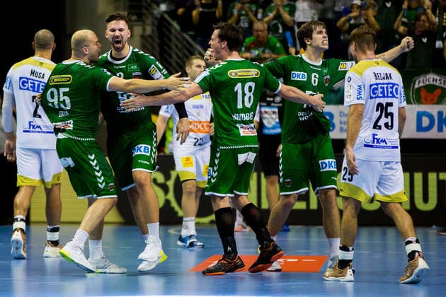 01.10.2019, xfrx, Handball DHB Pokal, Fuechse Berlin - SC Magdeburg emspor, v.l. Paul Drux (Fuechse Berlin),Fabian Wiede (Fuechse Berlin) (DFL DFB REGULATIONS PROHIBIT ANY USE OF PHOTOGRAPHS as IMAGE SEQUENCES and or QUASI-VIDEO) Berlin