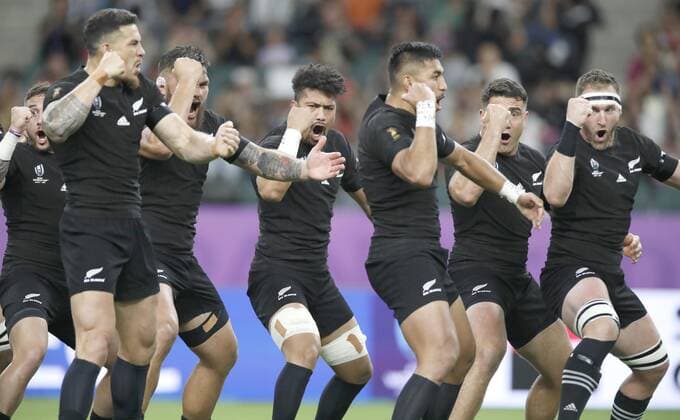 Rugby World Cup in Japan: N.Z. v Canada New Zealand players perform the haka prior to a Rugby World Cup Pool B match against Canada on Oct. 2, 2019, in Oita, southwestern Japan. 