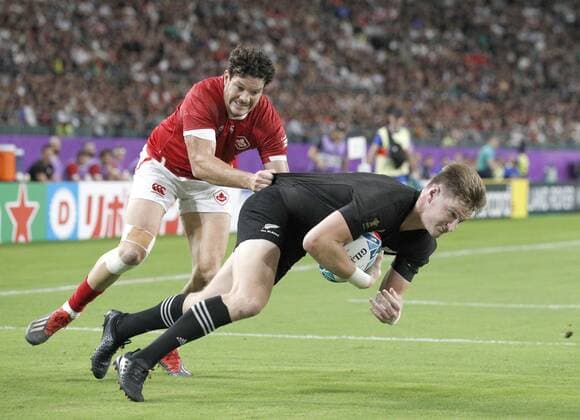 Rugby World Cup in Japan: N.Z. v Canada Jordie Barrett of New Zealand scores a try during the first half of a Rugby World Cup Pool B match against Canada on Oct. 2, 2019, in Oita, southwestern Japan. 