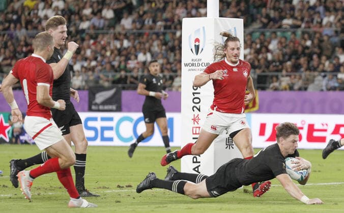 Rugby World Cup in Japan: New Zealand v Canada Beauden Barrett of New Zealand scores a try during the first half of a Rugby World Cup Pool B match against Canada in Oita, southwestern Japan, on Oct. 2, 2019. 