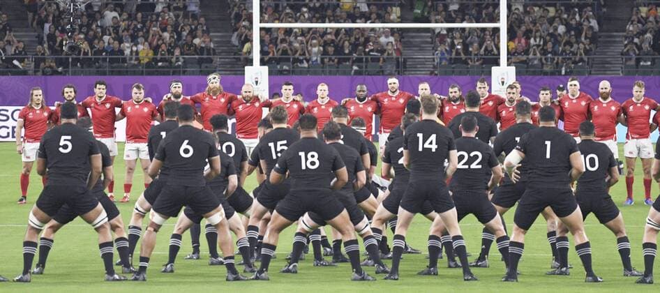 Rugby World Cup: New Zealand v Canada Canada players (background) watch the New Zealand squad perform a Maori haka ceremonial dance ahead of their Rugby World Cup game in Oita, Japan, on Oct. 2, 2019. 