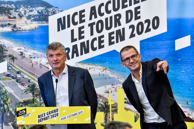 Sport Bilder des Tages Bernard Thevenet (Parrain du depart du tour de France a Nice) - Yann Le Moenner (Directeur General Amaury Organisation) CYCLISME : Presentation du depart du Tour de France - Nice - 03 10 2019 NorbertScanella PanoramiC 