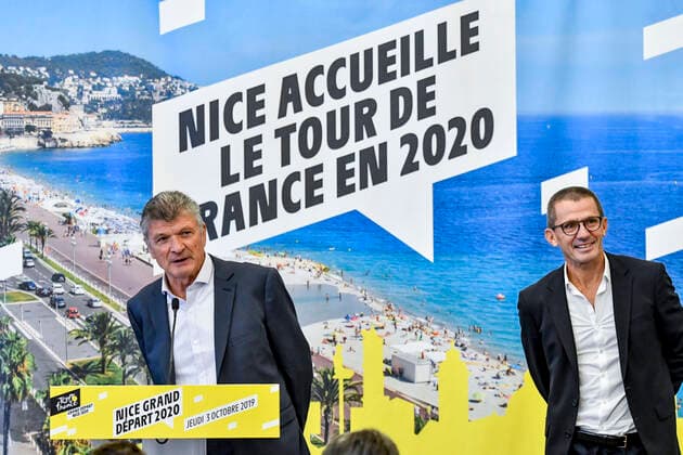 Bernard Thevenet (Parrain du depart du tour de France a Nice) - Yann Le Moenner (Directeur General Amaury Organisation) CYCLISME : Presentation du depart du Tour de France - Nice - 03 10 2019 NorbertScanella PanoramiC 