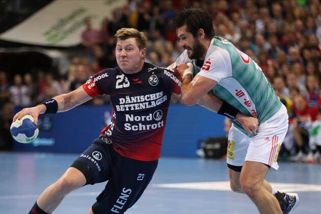 SG Flensburg-Handewitt vs TSV Hannover-Burgdorf, DHB-Pokal Achtelfinale, Flensburg; 03.10.19 Goran Soegard Johannsessen (SG Flensburg-Handewitt, 23) gegen Evgeni Pevnov (TSV Hannover-Burgdorf, 14) Copyright: xBEAUTIFULxSPORTS MarioxM.xKobergx