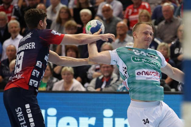 SG Flensburg-Handewitt vs TSV Hannover-Burgdorf, DHB-Pokal Achtelfinale, Flensburg; 03.10.19 Marius Steinhauser (SG Flensburg-Handewitt, 19) gegen Morten Olsen (TSV Hannover-Burgdorf, 34) Copyright: xBEAUTIFULxSPORTS MarioxM.xKobergx