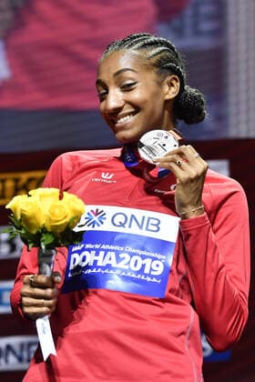 Belgian Nafissatou Nafi Thiam , winner of the silver medal pictured during the medal ceremony of the women s heptathlon competition, on day eight of the IAAF World Athletics Championships in Doha, Qatar, Friday 04 October 2019. The Worlds are taking place from 27 September to 6 October. DIRKxWAEM  x05679160x