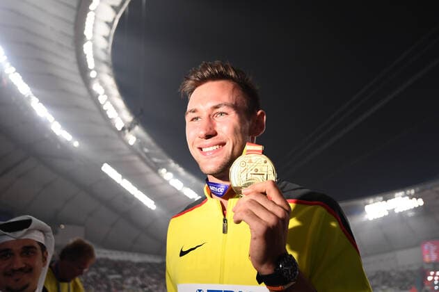 Doha, IAAF, Leichtathletik, athletics, Track and Field, World athletics Championships 2019 Doha, Leichtathletik WM 2019 Doha, 27.09-06.10.2019, Khalifa International Stadium Doha, Siegerehrung Zehnkampf Männer, Niklas Kaul Deutschland , Goldmedaille,