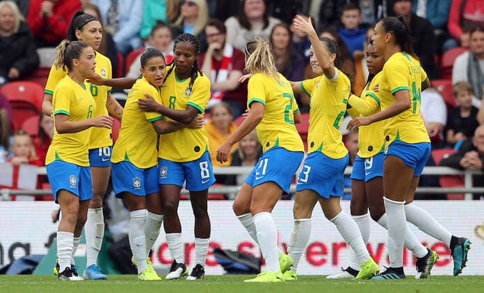 England Women v Brazil Women International Friendly, Länderspiel, Nationalmannschaft Debinha (3rd l) of Brazil Women celebrates scoring the opening goal during the International Friendly match at the Riverside Stadium, Middlesbrough Content Not Available For UK Newspapers Copyright: xSimonxMoorex FIL-13723-0018