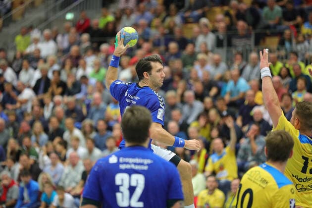 2. HBL, HSG Konstanz - EHV Aue 30:27. Gabriel De Santis (AUE) am Ball. HSG Konstanz - EHV Aue, 05.10.2019 Konstanz Copyright: xEIBNER PeterxPisax EP_EER