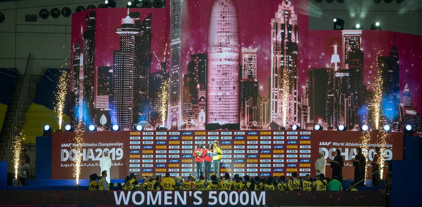 IAAF World Athletics Championships Doha 2019; Qatar, 06.10.2019 DOHA, QATAR - OCTOBER 06: Konstanze Klosterhalfen (GER TSV Bayer 04 Leverkusen) at the podium for the bronce medal over the women’s 5000m on day 10 of the IAAF World Athletics Championships Doha 2019 at the Khalifa International Stadium of Doha on 06.10.2019 in Arabian Peninsula Qatar. Copyright: xBEAUTIFULxSPORTS OliverxKremerx