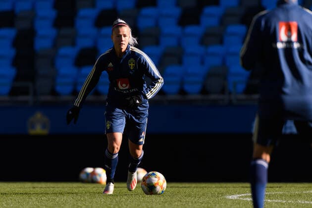 191007 Sveriges Hanna Glas under en träning med det svenska damlandslaget i fotboll den 7 oktober 2019 i Göteborg. Copyright: CARLxSANDIN BB191007CS028