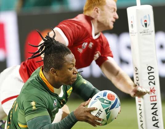 Rugby World Cup in Japan: S. Africa v Canada S busiso Nkosi of South Africa scores a try during the first half of a Rugby World Cup Pool B match against Canada on Oct. 8, 2019, in Kobe, western Japan. 
