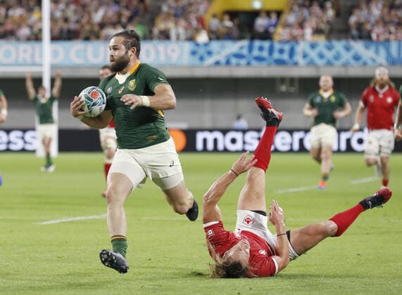 Rugby World Cup in Japan: S. Africa v Canada Cobus Reinach of South Africa runs with the ball on his way to scoring a try during the first half of a Rugby World Cup Pool B match against Canada on Oct. 8, 2019, in Kobe, western Japan. 