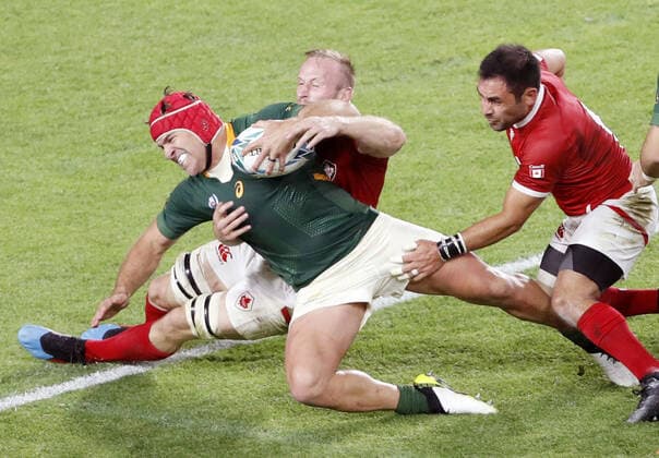 Rugby World Cup in Japan: S. Africa v Canada Schalk Brits of South Africa scores a try during the second half of a Rugby World Cup Pool B match against Canada on Oct. 8, 2019, in Kobe, western Japan. 