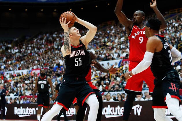 (L to R) Isaiah Hartenstein (Rockets), Serge Ibaka (Raptors), OCTOBER 8, 2019 - Basketball : NBA, Basketball Herren, USA Japan Games 2019 match between Toronto Raptors 134-129 Houston Rockets at Saitama Super Arena in Saitama, Japan. Noxthirdxpartyxsales  (114020806)
