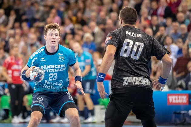 SG Flensburg-Handewitt vs HC PPD Zagreb, Handball, VELUX EHF Champions League Gruppenphase, Flensburg; 09.10.19 Goran Soegard Johannsessen (SG Flensburg-Handewitt, 23) gegen Kristian Beciri (HC PPD Zagreb, 80) Copyright: xBEAUTIFULxSPORTS MarioxM.xKobergx