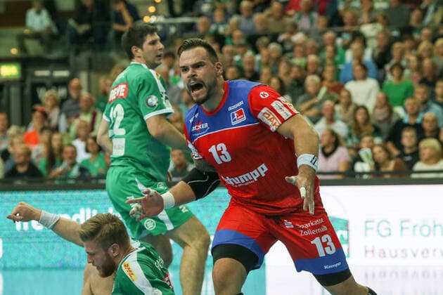 DHfK - Balingen Handball Leipzig, 10.10.2019, Arena Leipzig, Handball, 1. Bundesliga, 9. Spieltag , SC DHfK - HBW Balingen-Weilstetten , Im Bild v.l.: Benjamin Meschke (13, Balingen) jubelt ,